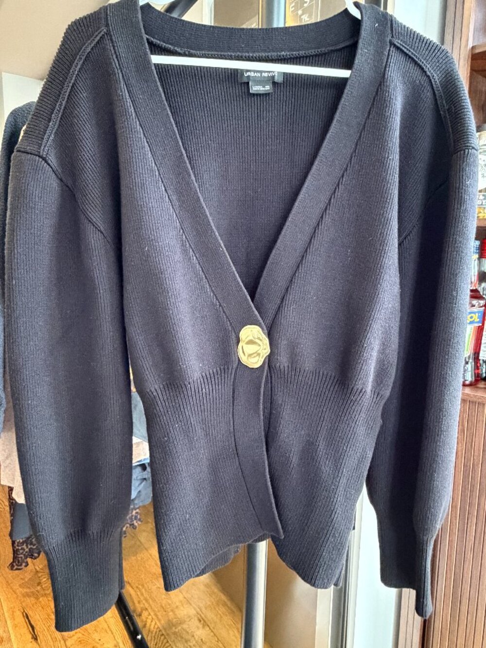 Urban Revivo Ribbed Cardigan Gold Button Black Size L